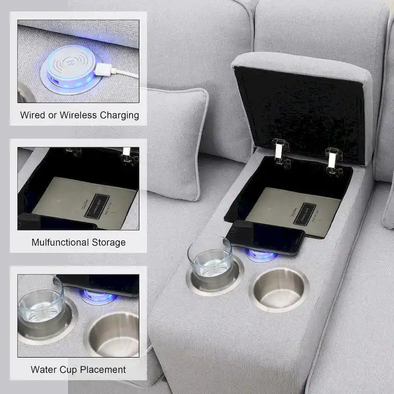 Divano imbottito con console, 2 portabicchieri e 2 porte USB con ricarica cablata o wireless