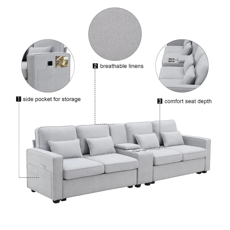 Divano imbottito con console, 2 portabicchieri e 2 porte USB con ricarica cablata o wireless