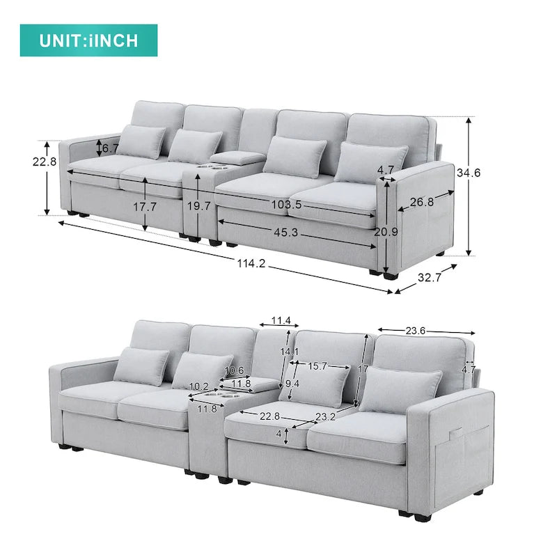 Divano imbottito con console, 2 portabicchieri e 2 porte USB con ricarica cablata o wireless