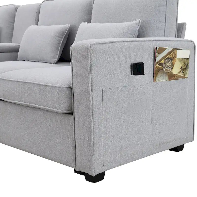 Divano imbottito con console, 2 portabicchieri e 2 porte USB con ricarica cablata o wireless