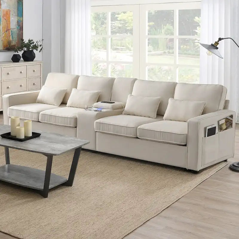 Divano imbottito con console, 2 portabicchieri e 2 porte USB con ricarica cablata o wireless