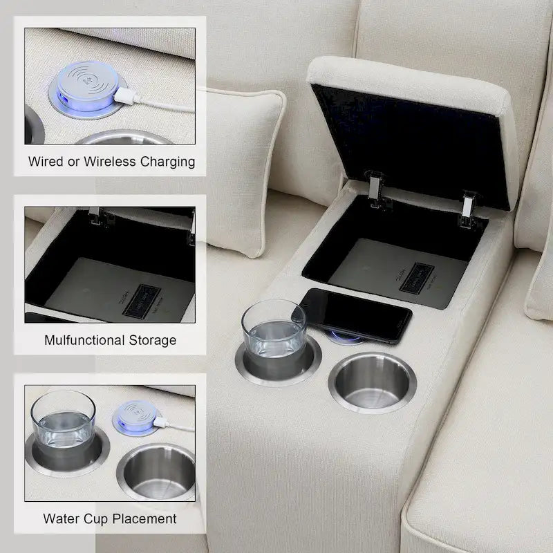 Divano imbottito con console, 2 portabicchieri e 2 porte USB con ricarica cablata o wireless