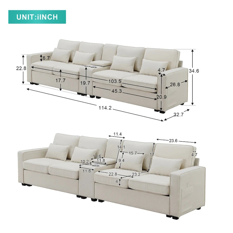 Divano imbottito con console, 2 portabicchieri e 2 porte USB con ricarica cablata o wireless
