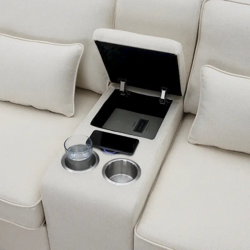 Divano imbottito con console, 2 portabicchieri e 2 porte USB con ricarica cablata o wireless