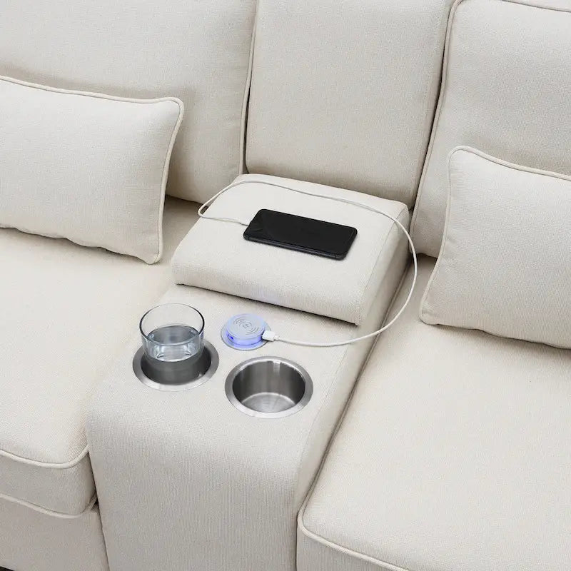 Divano imbottito con console, 2 portabicchieri e 2 porte USB con ricarica cablata o wireless