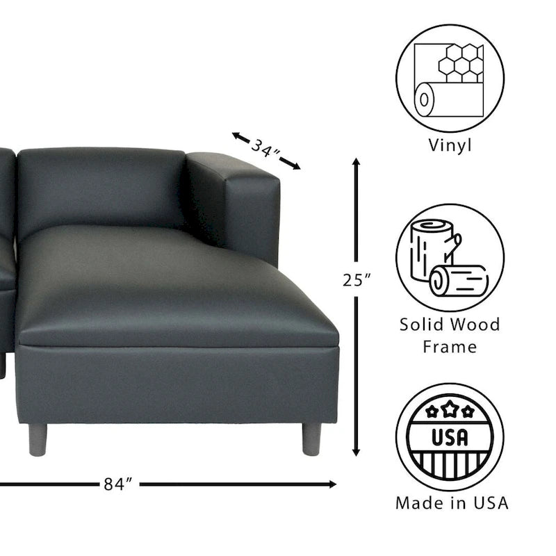 Coast to Coast Sofas Mid Century Modern L Shaped Sofa Faux Leather Solid Wood Frame Upholstered