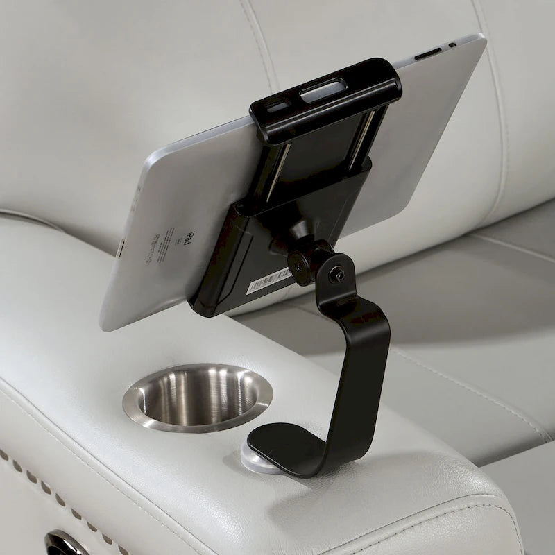 Divano Recliner Etty in Similpelle Grigio Chiaro con USB e Vassoio di Furniture of America