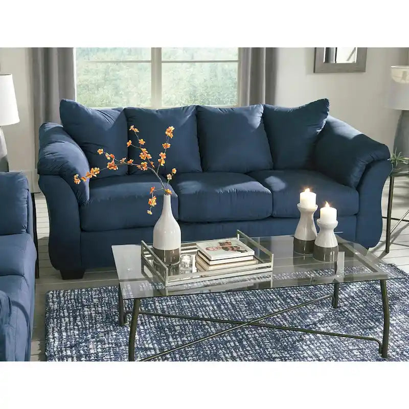Divano Aruca Navy Blue in microfibra con cuscini per schienale