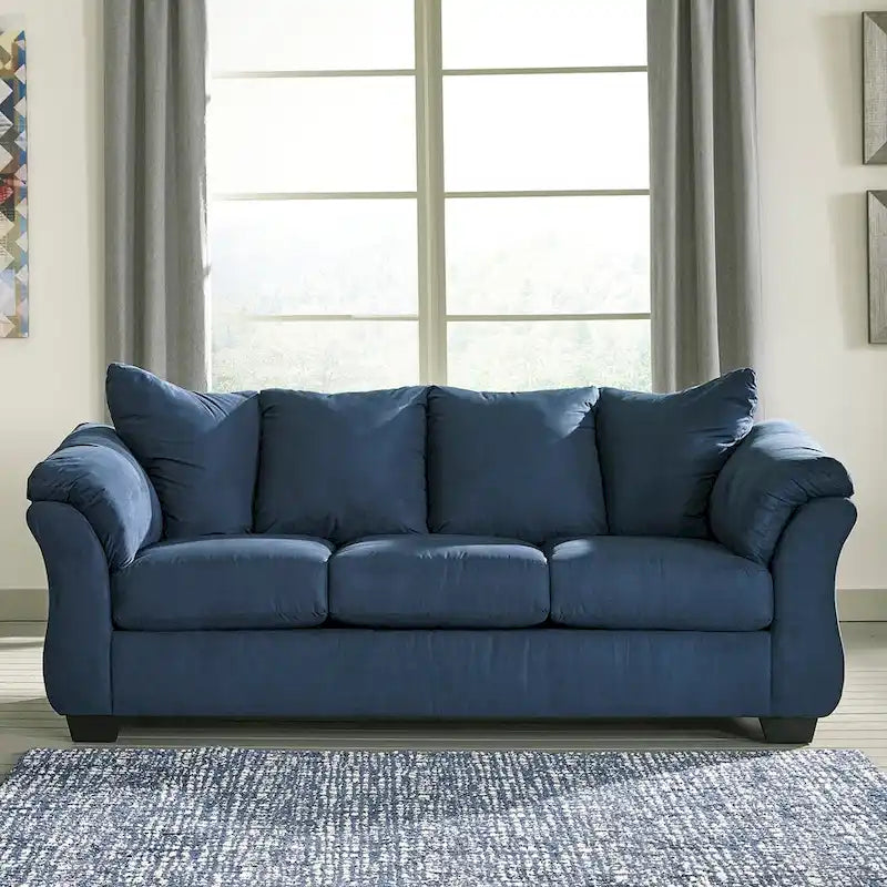 Divano Aruca Navy Blue in microfibra con cuscini per schienale