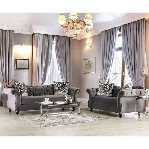 Glamoureuze Addae-bank van grijze fluwelen stof met capitonnering en knopen, van Furniture of America