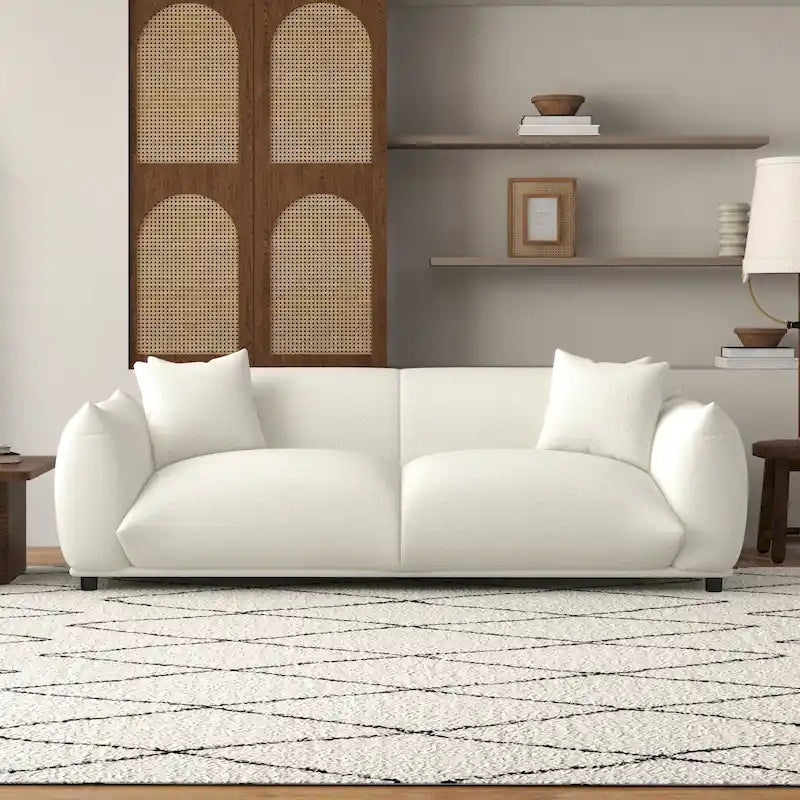 Mansan Mid Century Modern Luxury Tight Pillow Back French Boucle Couch in Cream