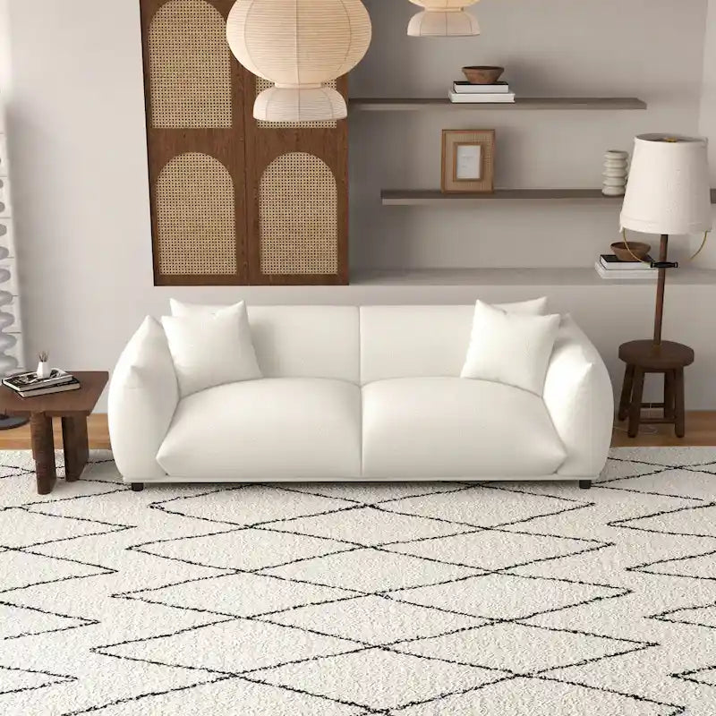 Mansan Mid Century Modern Luxury Tight Pillow Back French Boucle Couch in Cream
