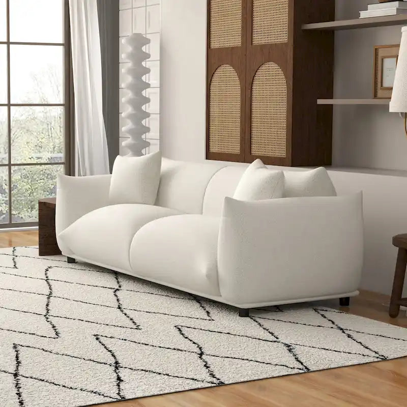 Mansan Mid Century Modern Luxury Tight Pillow Back French Boucle Couch in Cream