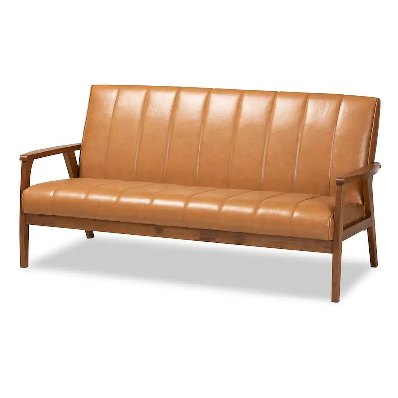 Divano Nikko Tan in similpelle e legno con finitura noce
