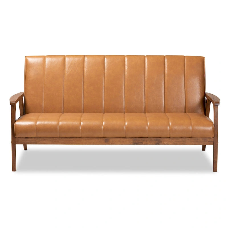 Divano Nikko Tan in similpelle e legno con finitura noce