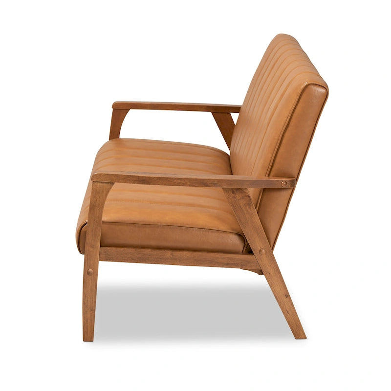 Divano Nikko Tan in similpelle e legno con finitura noce