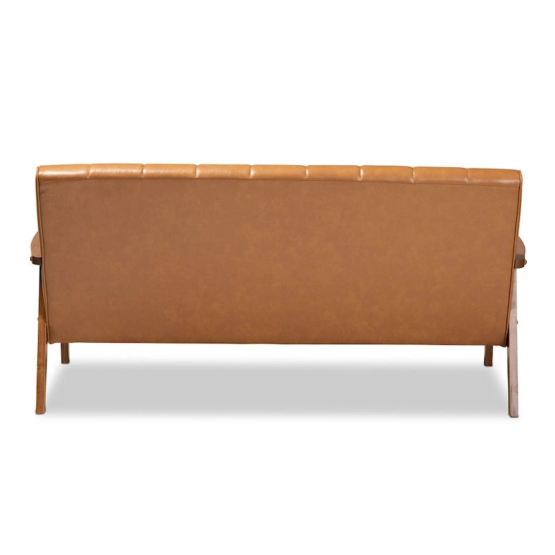 Divano Nikko Tan in similpelle e legno con finitura noce