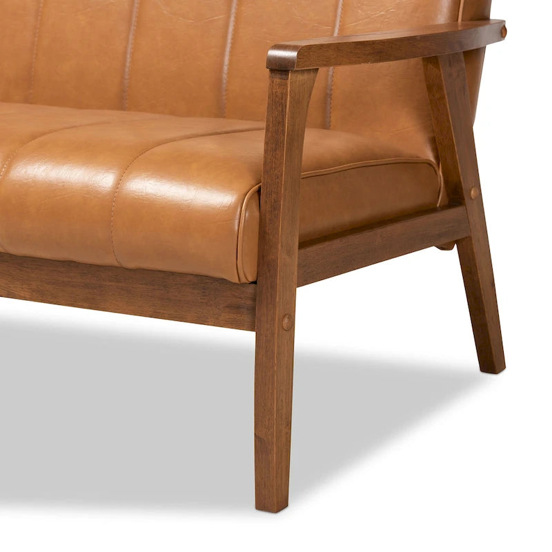 Divano Nikko Tan in similpelle e legno con finitura noce