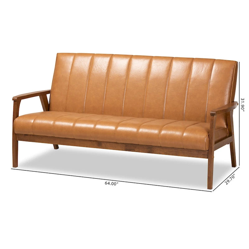 Divano Nikko Tan in similpelle e legno con finitura noce
