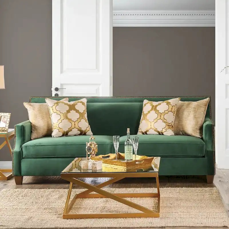 Divano a due posti Yaur in tessuto verde di transizione con borchie di Furniture of America