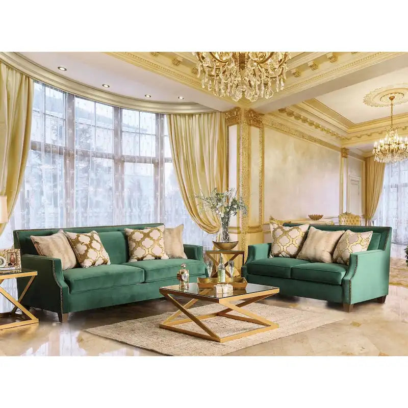 Divano a due posti Yaur in tessuto verde di transizione con borchie di Furniture of America