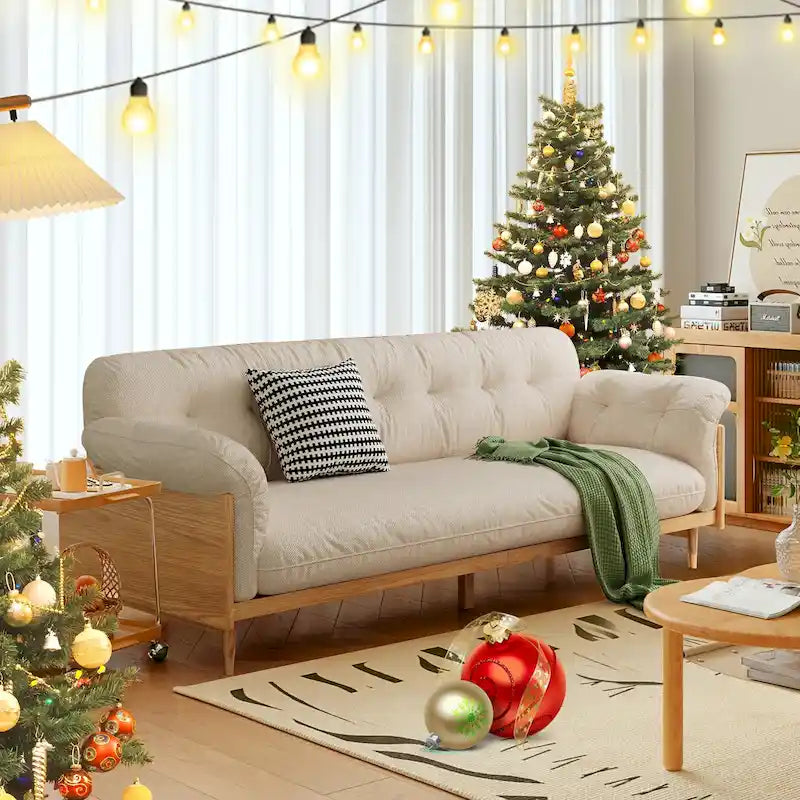 Divano moderno JASIWAY a 3 posti imbottito in cotone e lino, beige