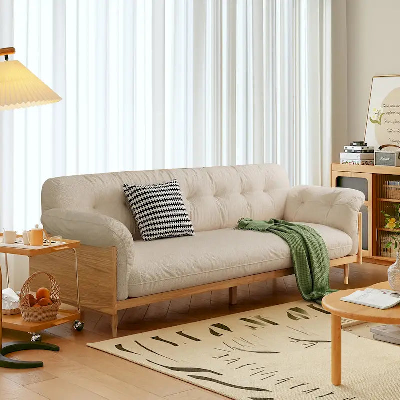 Divano moderno JASIWAY a 3 posti imbottito in cotone e lino, beige