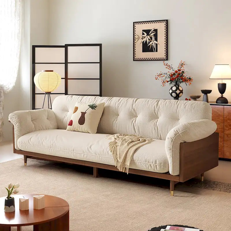 Divano moderno JASIWAY a 3 posti imbottito in cotone e lino, beige