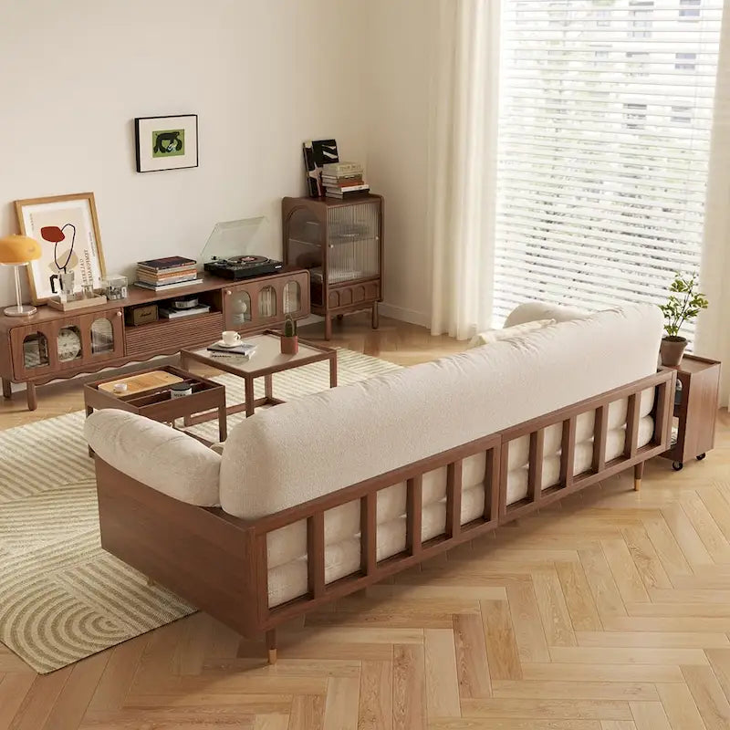 Divano moderno JASIWAY a 3 posti imbottito in cotone e lino, beige