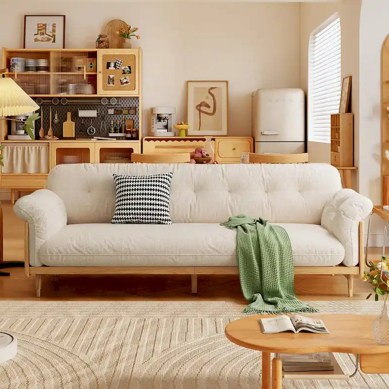 Divano moderno JASIWAY a 3 posti imbottito in cotone e lino, beige