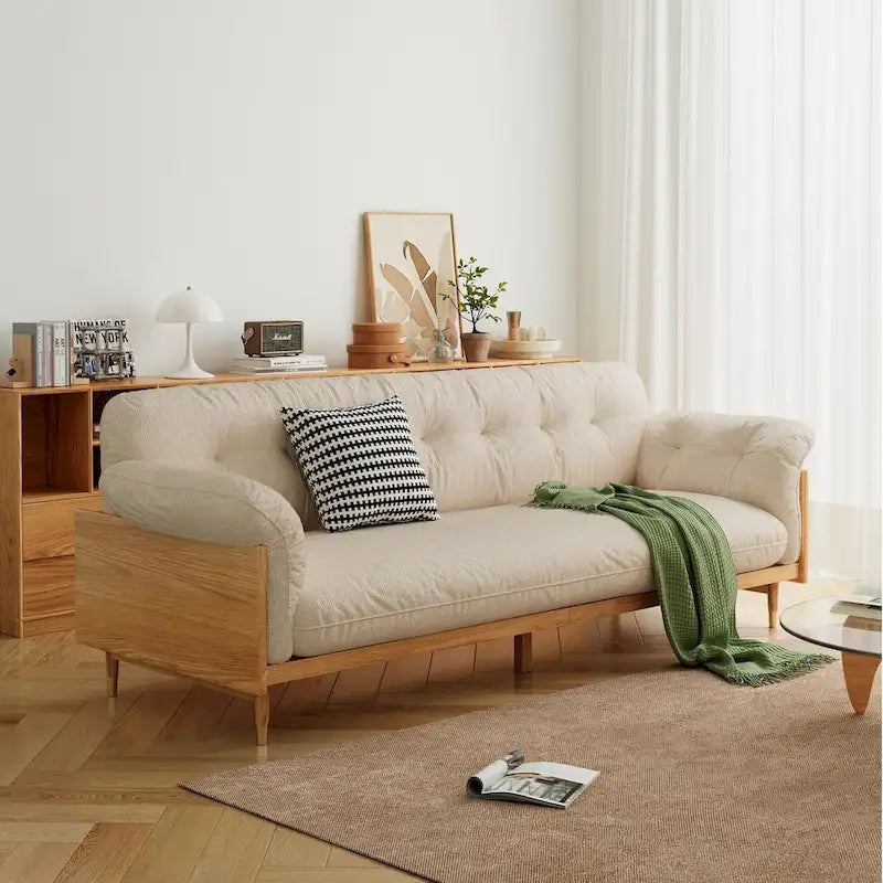 Divano moderno JASIWAY a 3 posti imbottito in cotone e lino, beige