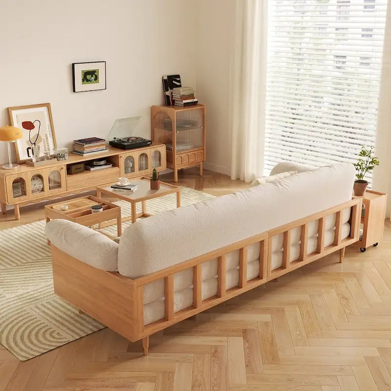 Divano moderno JASIWAY a 3 posti imbottito in cotone e lino, beige