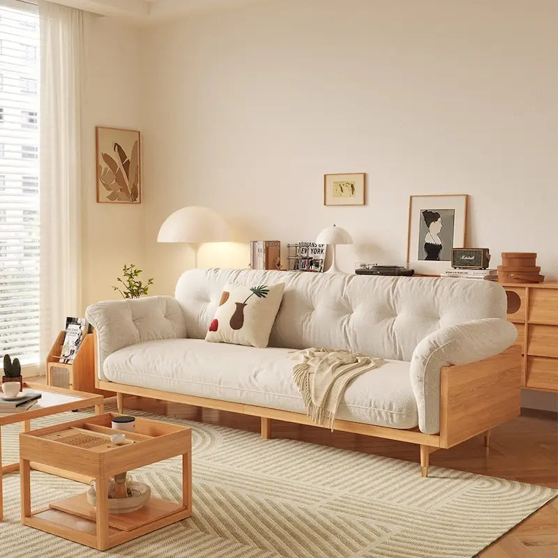 Divano moderno JASIWAY a 3 posti imbottito in cotone e lino, beige