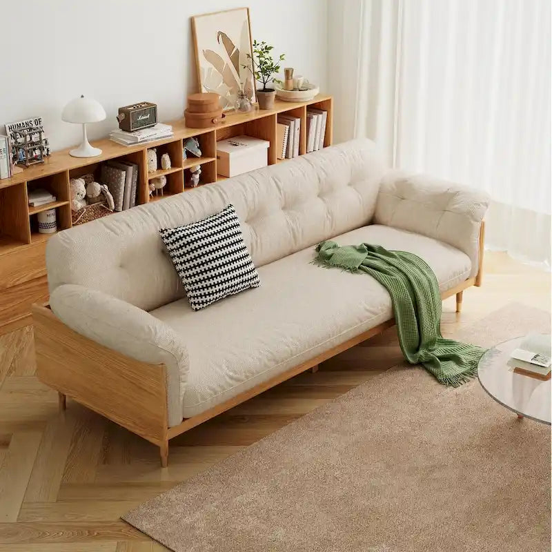 Divano moderno JASIWAY a 3 posti imbottito in cotone e lino, beige