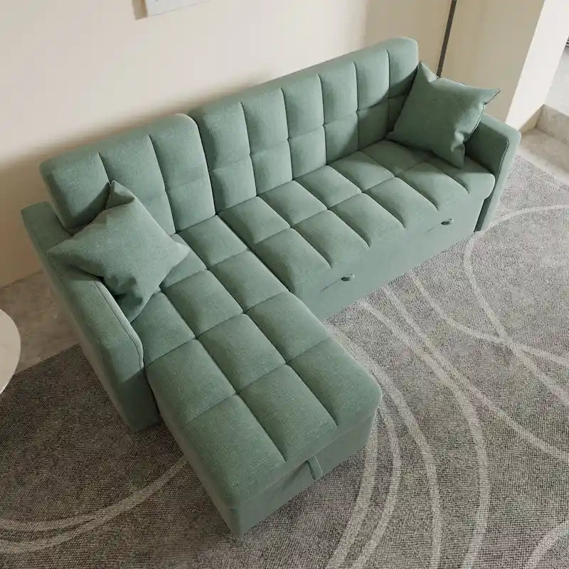 Sufan sodda sezzjonali f’forma ta’ L li jinġibed ’il barra, b’chaise u spazju għall-ħażna