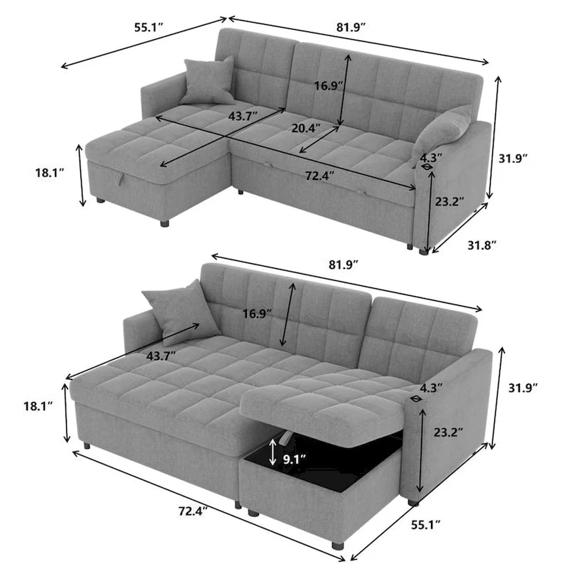L-shaped Pull-out Sleeper Sectional Sofa Bed with Storage Chaise