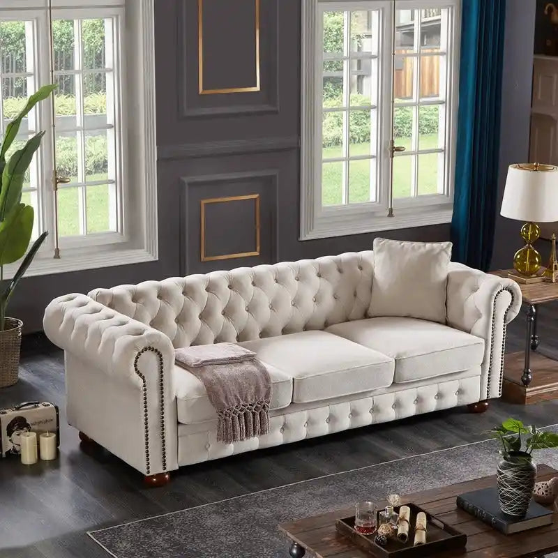 Divano Chesterfield in Tessuto di Lino