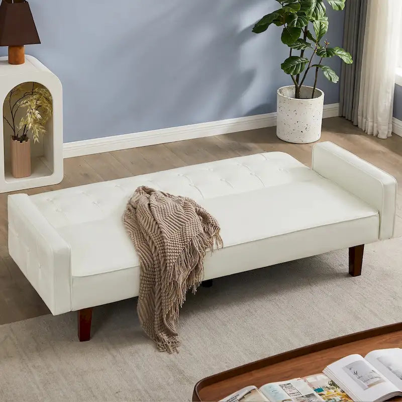 PU Futon Sofa Couch for Living Room Convertible Faux Leather Upholstered Futon Sleeper Sofa Bed Channel Tufted Bedroom Futons