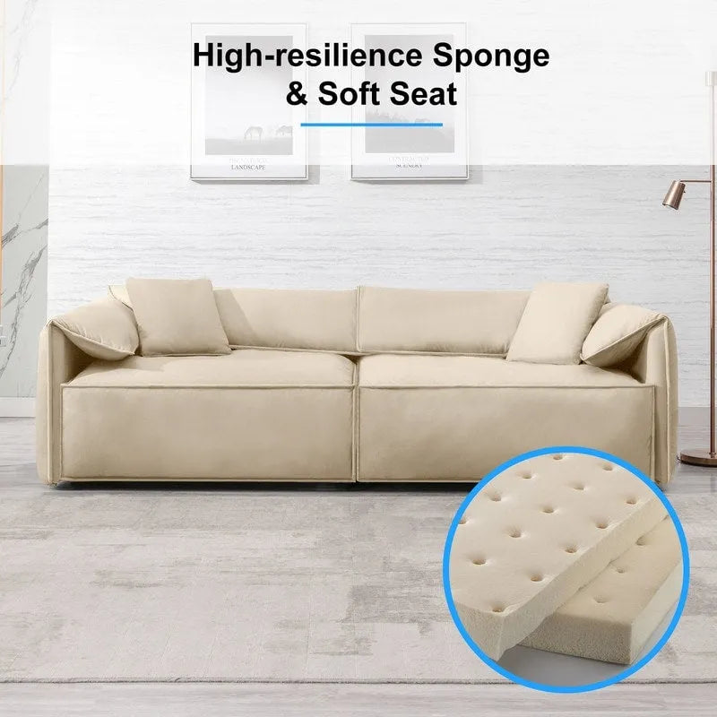 Divano a quattro posti imbottito Mixoy Widened con seduta profonda, divano minimalista in stile italiano da 97 pollici con bracciolo a orecchio di elefante, cuscino decorativo