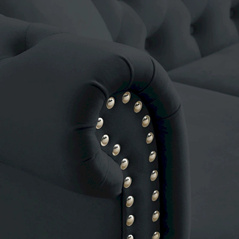 58.8 Chesterfield Sofa Black Velvet for Living Room, 2 Seater Sofa Tufted Couch with Rolled Arms and Nailhead for Living Room,