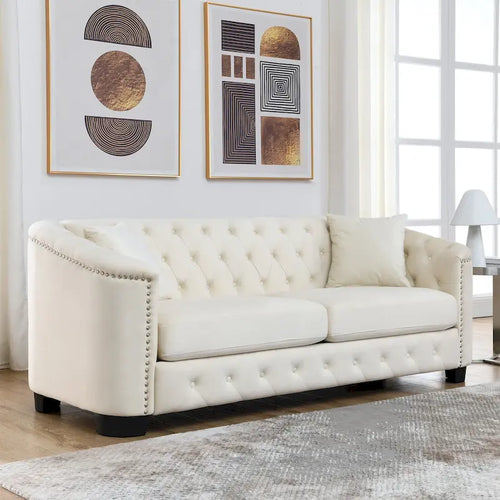 77-inch moderne Chesterfield-bank van fluweel, 3-zitsbank met gestoffeerde rugleuningen met capitons, spijkerkopdetails op de armleuningen en 2 kussens voor de woon