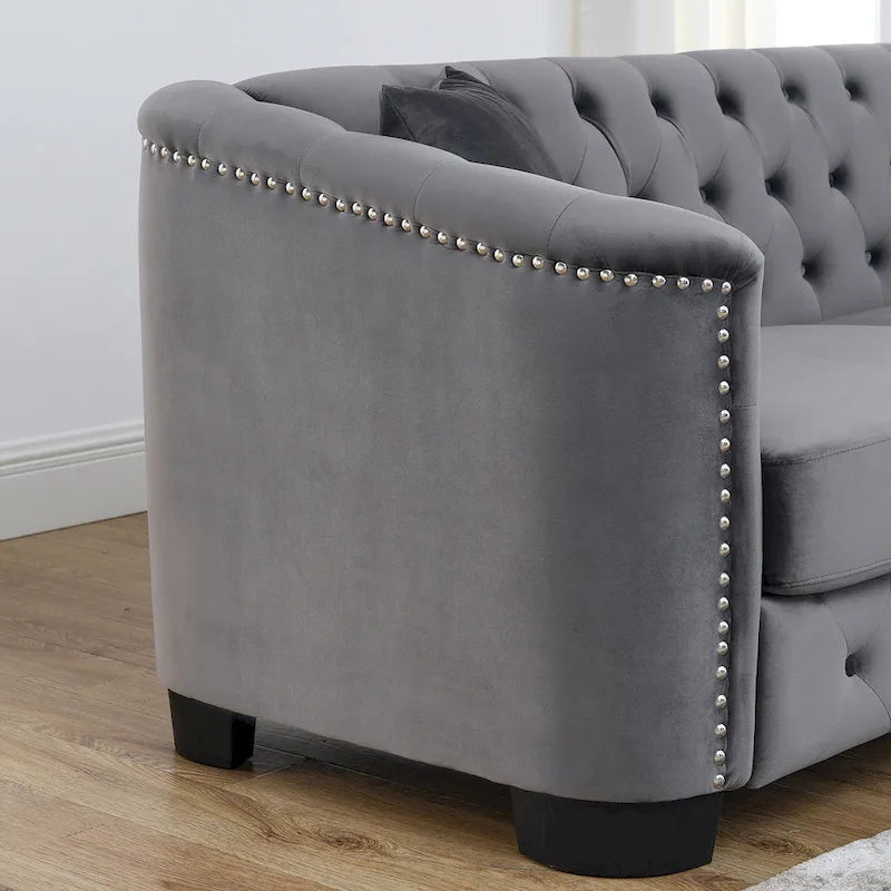 77-Inch Modern Chesterfield Velvet Sofa, 3-Seater Sofa, Upholstered Tufted Backrests with Nailhead Arms and 2 Cushions for Livin