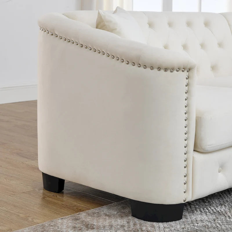 77-Inch Modern Chesterfield Velvet Sofa, 3-Seater Sofa, Upholstered Tufted Backrests with Nailhead Arms and 2 Cushions for Livin