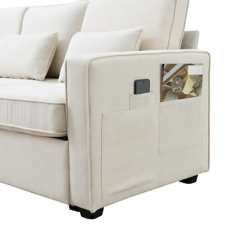 [VIDEO provided] [New] 114.2 Upholstered Sofa with Console, 2 Cupholders and 2 USB Ports Wired or Wirelessly Charged, Modern Li