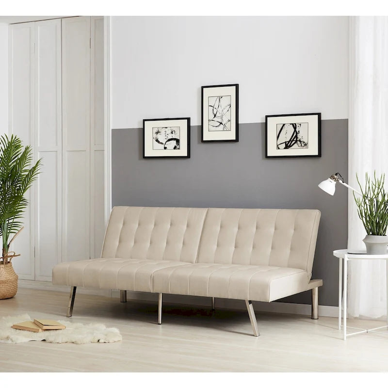 Tufted Mid-Century Modern Split Back Futon Sofa Couch Bed with Chrome Legs