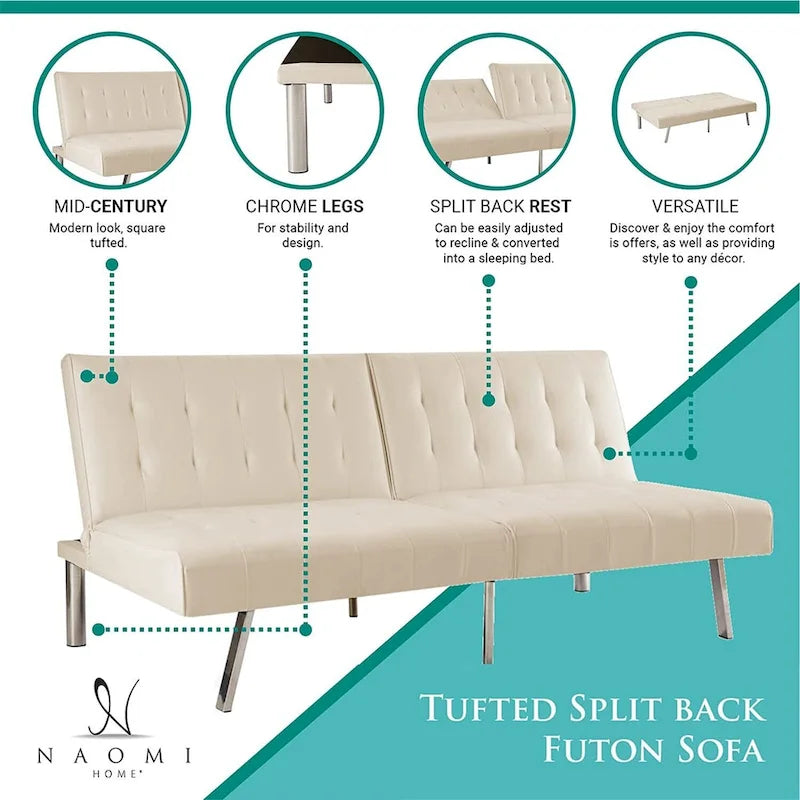 Tufted Mid-Century Modern Split Back Futon Sofa Couch Bed with Chrome Legs