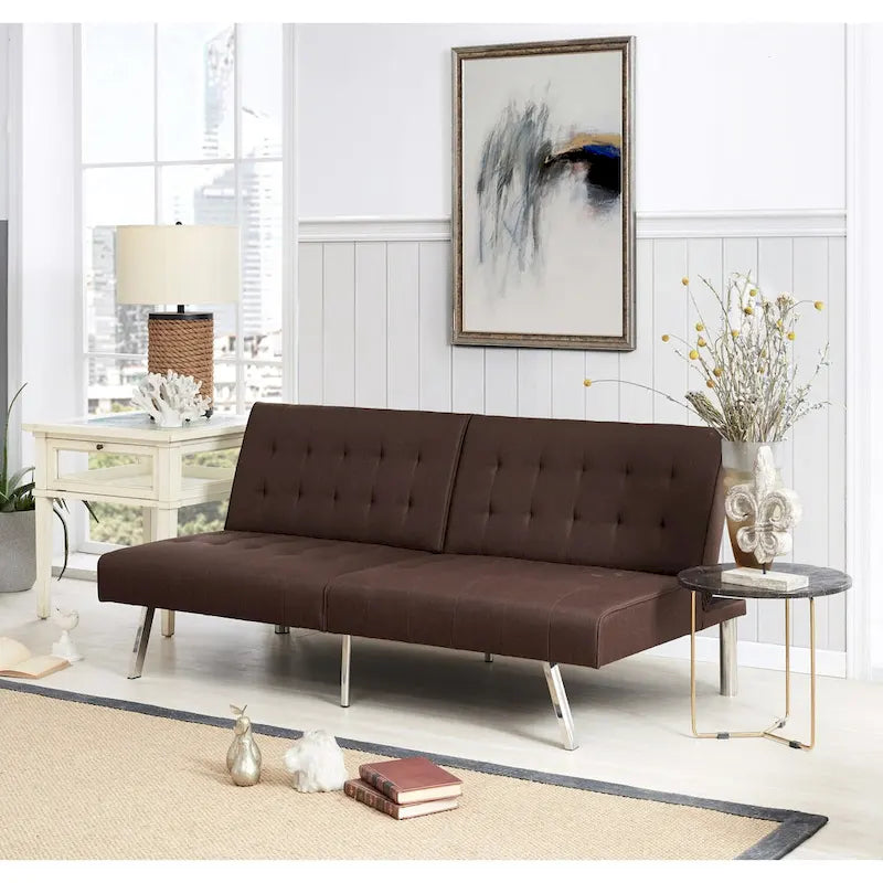 Tufted Mid-Century Modern Split Back Futon Sofa Couch Bed with Chrome Legs