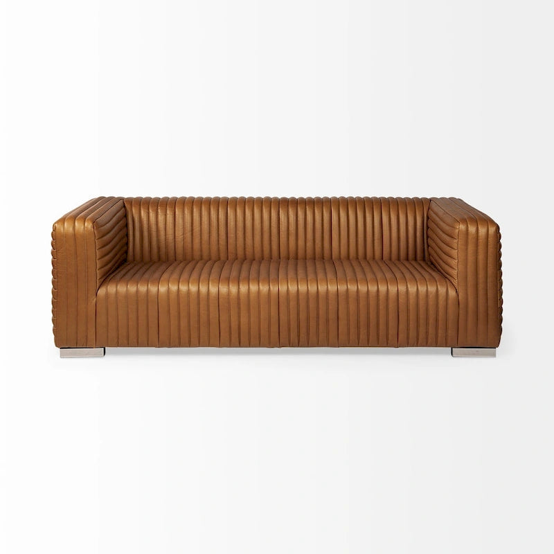 Divano Ricciardo Cognac in Vera Pelle - 86.6L x 38.6W x 26.4H