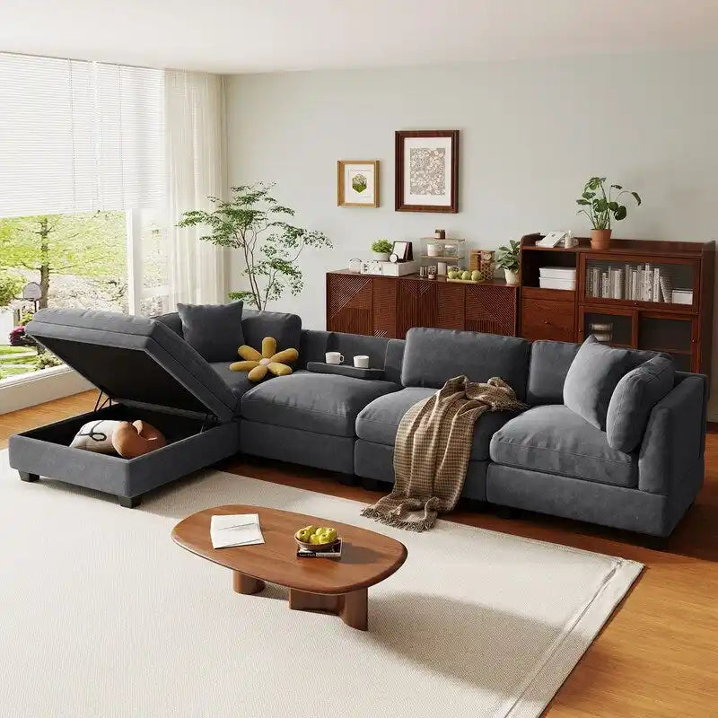 Modulares Sofa mit abnehmbarem Aufbewahrungshocker und 2 versteckten Getränkehaltern
