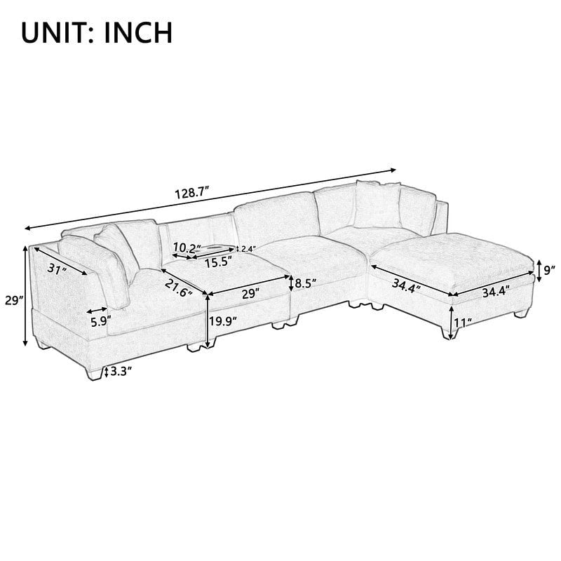 Modulares Sofa mit abnehmbarem Aufbewahrungshocker und 2 versteckten Getränkehaltern